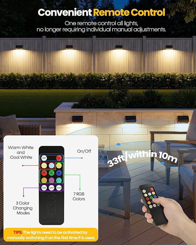 Bridika Solar Fence Lights with Remote, 8 Pack Bright 100 Lumen Fence Lights Solar Powered, 9 Colors&3 Modes, 1500 mAh Solar Wall Lights Outdoor IP65 Waterproof for Backyard, Deck, Patio, Garden