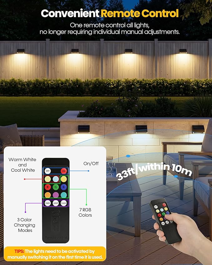 Bridika 4 Pack Solar Fence Lights, 100 Lumen Ultra Bright with Remote Control, 9 Colors & 3 Modes, 1500mAh Solar Lights Outdoor, IP65 Waterproof Solar Wall Lights for Backyard, Patio, Deck, Garden