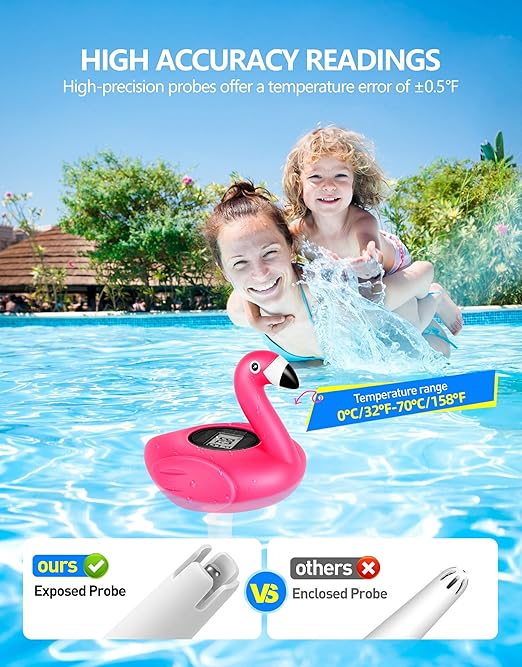 FirstE 2026 Solar Digital Pool Thermometer Come with Rope | Backlit LCD Display for Easy Read | Flamingo Pool Temperature Thermometer Floating Design | Ultra-accurate Temperature Gauge for Hot tub,Spa