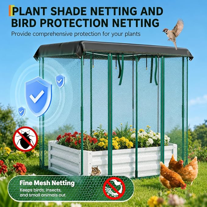 Garvee 48"x36"x12" Raised Garden Bed Kit with Shade Cloth & Irrigation, 3-in-1 Metal Planter Box with Insect Mesh & Drip System, Self-Watering Outdoor Galvanized Raised Bed for Vegetables Flowers