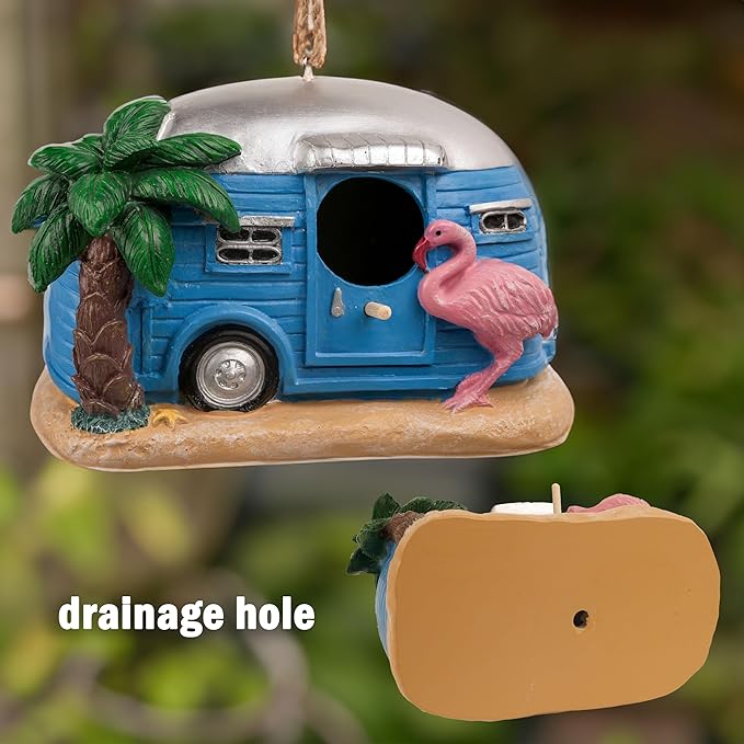 Bird Houses for Outside, Decorative Cute Resin Flamingo RV Hanging Bird House for Outdoor Patio Garden