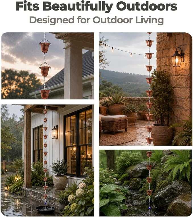 Copper Rain Chain for Gutters, 12 Cup Tulip Decorative Water Feature, 8FT 8IN Adjustable Metal Chain Rain Diverter for Outdoor Garden Décor with Crystal Accent