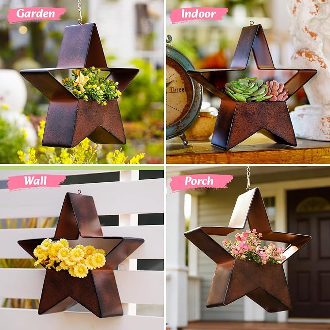 Metal Plant Hangers Indoor and Outdoor: Birthday Gifts for Mom Women Her Wife Garden Lovers - Star Shape Hanging Planters for Window Wall Living Room Office Decor(Rustic)