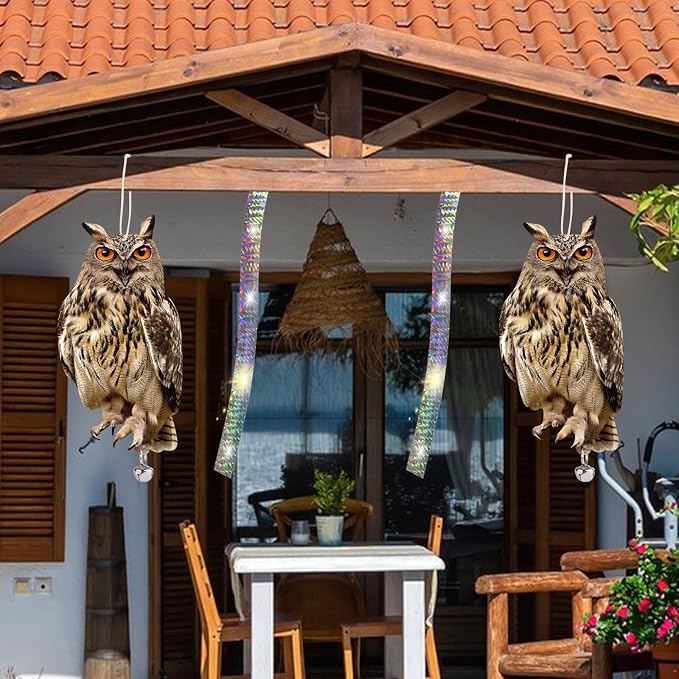 Hanging Plastic Owls for Gardens, 3PCS Reflective Hanging Owl Decoration Woodpecker Control Device with Reflective Tape, Jinging Bell for Garden Patio Windows