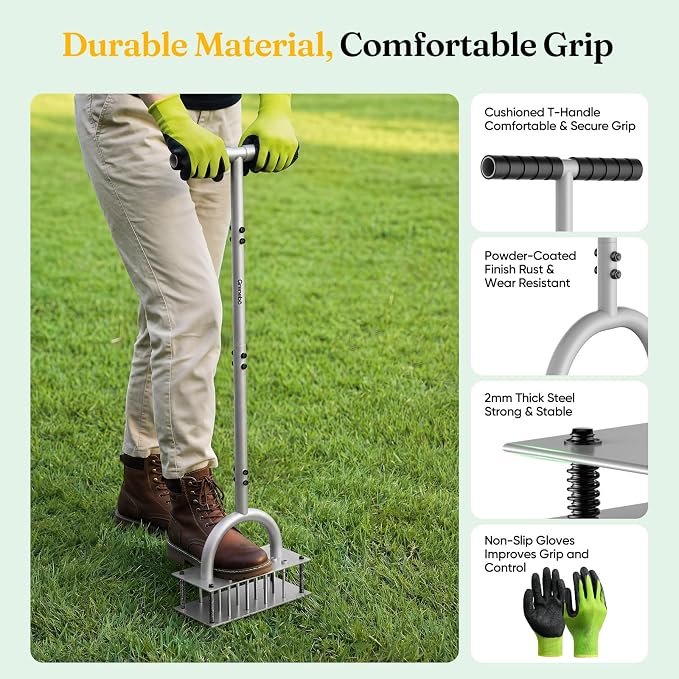 Grenebo Lawn Aerator Manual Aerator Lawn Tool with 16 Spikes, Metal Grass Aerator for Yard, Lawn Aeration, Automatic Soil Ejection, Pre-Assembled Lawn Aerator Tool (Black Gray)