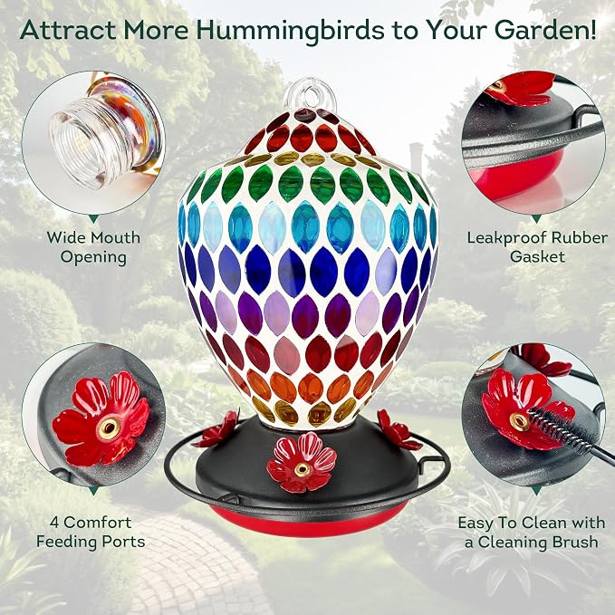 Lily's Home Mosaic Glass Hummingbird Feeder 35oz - Colorful Garden Décor - Easy Refill Wide-Mouth - Includes S Hook & Brush for Bird Lovers - Measures 5.9’’x5.9’’x8.3’’