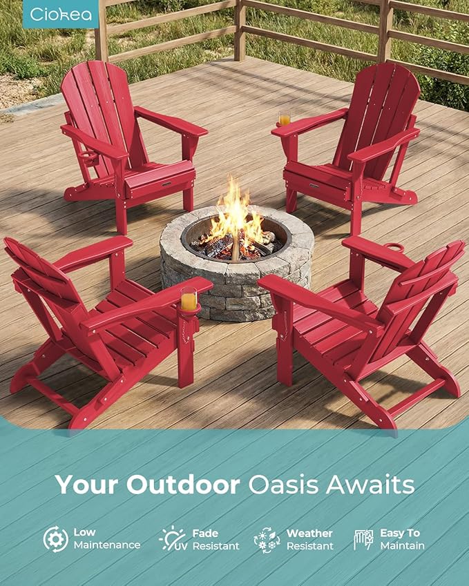 Ciokea Folding Adirondack Chair Wood Texture, Patio Adirondack Chair Weather Resistant, Plastic Fire Pit Chair with Cup Holder, Lawn Chair for Outdoor Porch Garden Backyard Deck (Red)