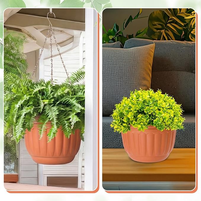 12 Sets Hanging Planters for Indoor and Outdoor Plants Self Watering Hanging Basket Flower Pots Plastic Plant Pots with Drainage Hole and Absorbing Tray(Terracotta,12 Inch)