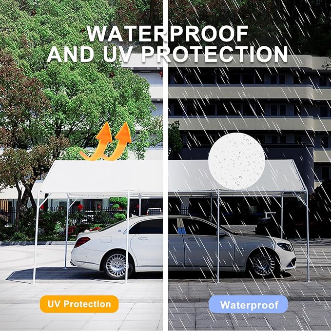 10 x 20 Ft Heavy Duty Carport Replacement Canopy Waterproof UV Protected Garage Top Shelter Tarp Tent Cover with 44 Ball Bungees Cords, Only Top Cover, White