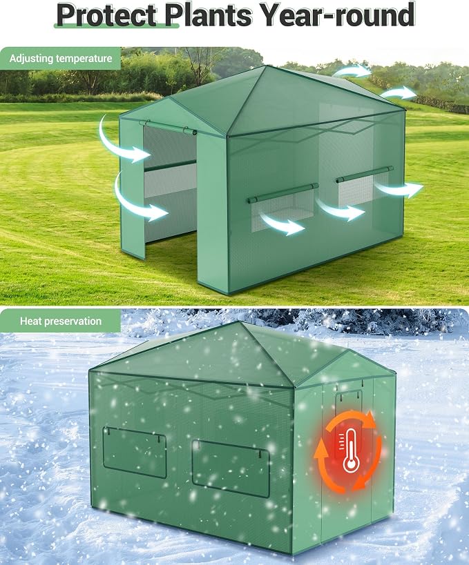 8x12 FT Pop-Up Greenhouse with Durable PE Cover, 96"x144" Large Grow Tent for All Seasons | Features Zippered Doors & Mesh Windows for Indoor/Outdoor Plants, Easy to Assemble (Green)