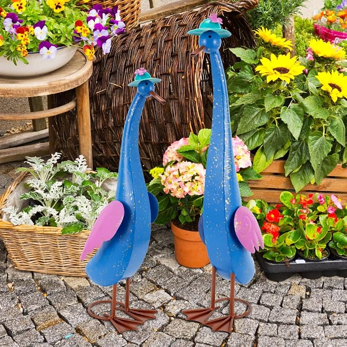 22" Duck Garden Statue Set of 2 Metal Ducks | Outdoor Decor Porch Animal Figurine Yard Art Sculptures Rustproof Lawn Ornament for Outside Patio Backyard Decorations