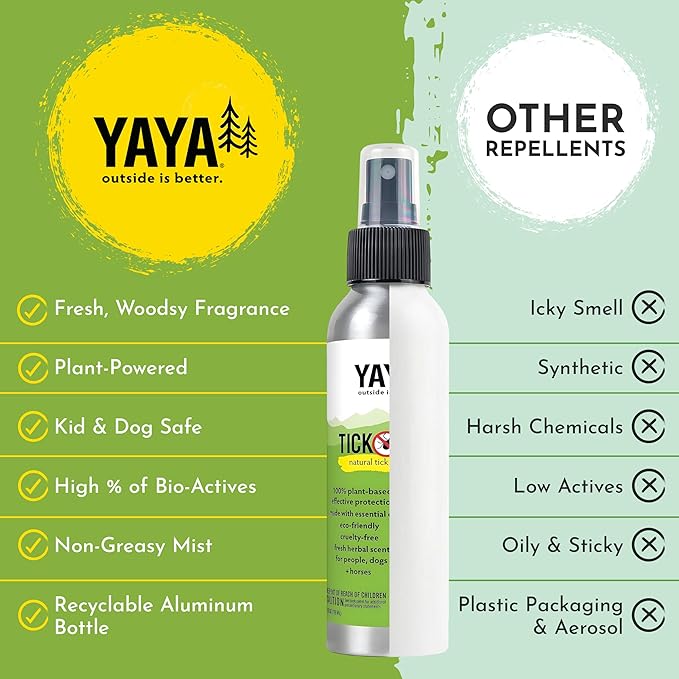 Yaya Organics Tick Ban DEET-Free Mist Spray - Made in USA - All Natural Extra Strength Tick Repellent Spray Made with Essential Oils - Safe for Kids & Dogs (4 Ounce, 2 Pack)
