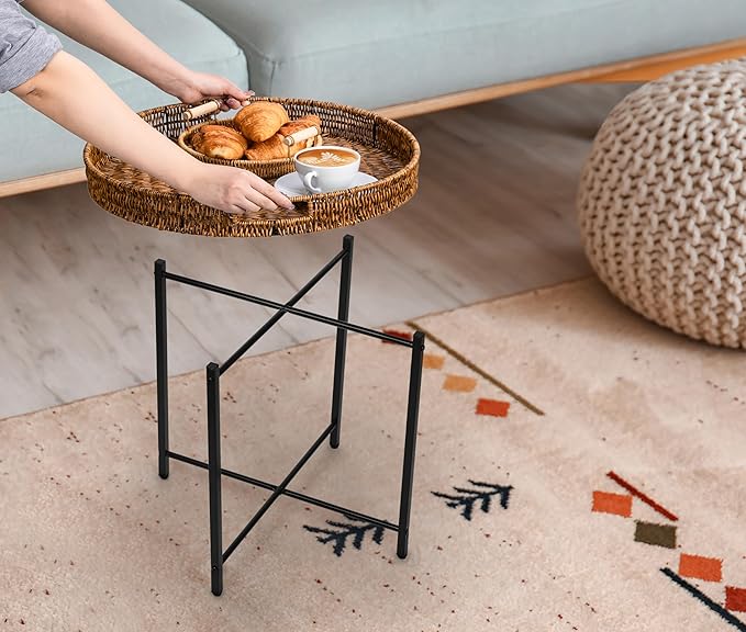 DINGTAI Brown Small Round End Table, 19in Rattan End Tables, Wicker Rattan Side Table, Round Sofa Side Table, Indoor Outdoor Side Tables for Patio, Living Room Bedroom Office