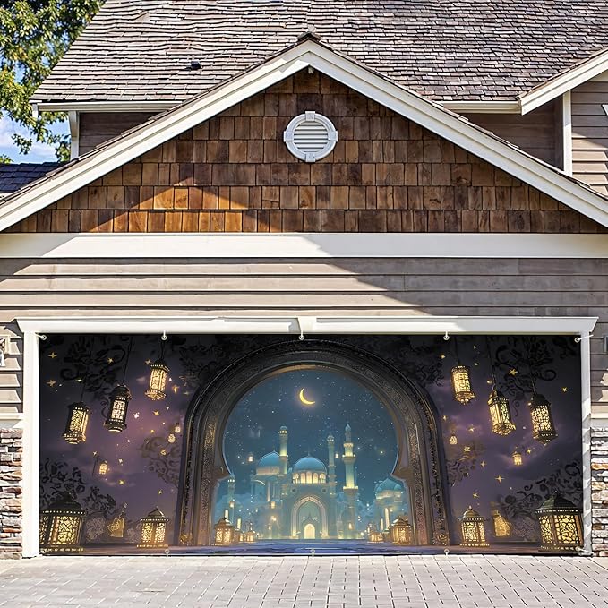 7 * 16FT Summer Garage Door Cover Decorations Sunset Palm Trees Garage Door Banner for Outdoor Indoor Summer Party Photography Backdrop (Ramadan, 7 * 16 ft)
