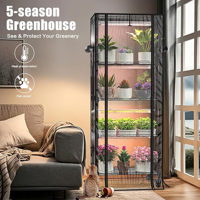 Indoor Greenhouse with Grow Lights, 5 Tier 23.2" L×13.4" W×61.4" H, with 72W Full Spectrum Growing Lamps for Seed Starting，Grow Light Shelf with Tent and Thermometer