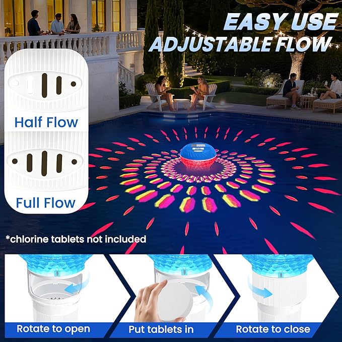 2026 Upgraded Pool Chlorine Floater with Thermometer, Digital Screen Pool Chlorine Floater,Solar Pool Chlorine Floaters with Light, Button Control Floating Chlorine Dispenser for Pool (White)