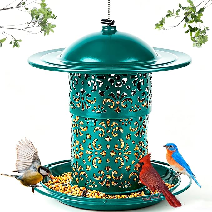 Metal Bird Feeders for Outdoors Hanging, Weather Resistant Wild Bird Feeder with 360 Degree Feeding Tray, Green (Vintage Green)