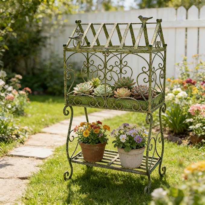 Vintage 2-Tier Metal Plant Stand with House-Shaped Planter Tray, Distressed Green Rustic Plant Shelf with Succulent Tray for Indoor Outdoor Garden, Patio & Balcony Decor