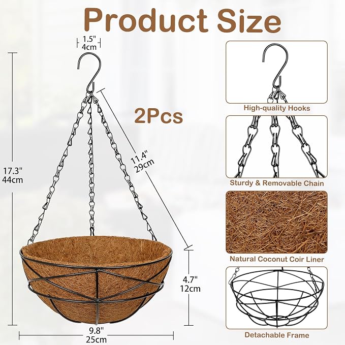 2 Pack 10 inch Metal Hanging Baskets for Plants Outdoor Metal Wire Hanging Basket Planter with Coco Fiber Liners Flower Pots for Home Porch Garden Patio, Diamond-Shaped