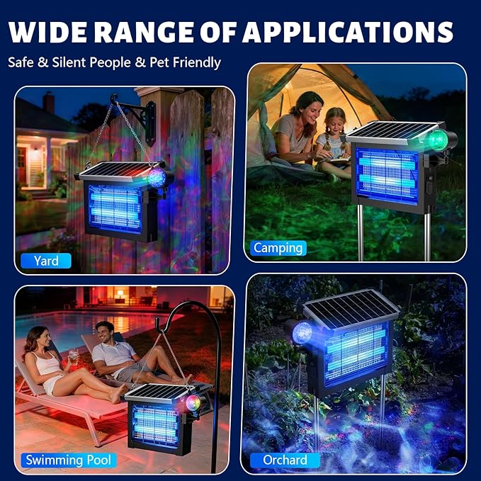 Solar Bug Zapper Outdoor 4500V, 2-in-1 Rechargeable Mosquito Zapper with Projection Light, IP66 Waterproof Cordless Electric Fly Zapper Indoor with Type-C Charging for Patio, Yard & Camping