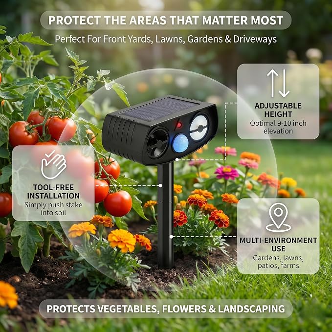 Solar Ultrasonic Animal Repeller Outdoor, Motion Sensor Waterproof Pest Deterrent, Raccoon Skunk Squirrel Rabbit Stray Dog Cat Repellent for Yard Garden Farm, 33ft 120° Coverage, 2 Pack Black