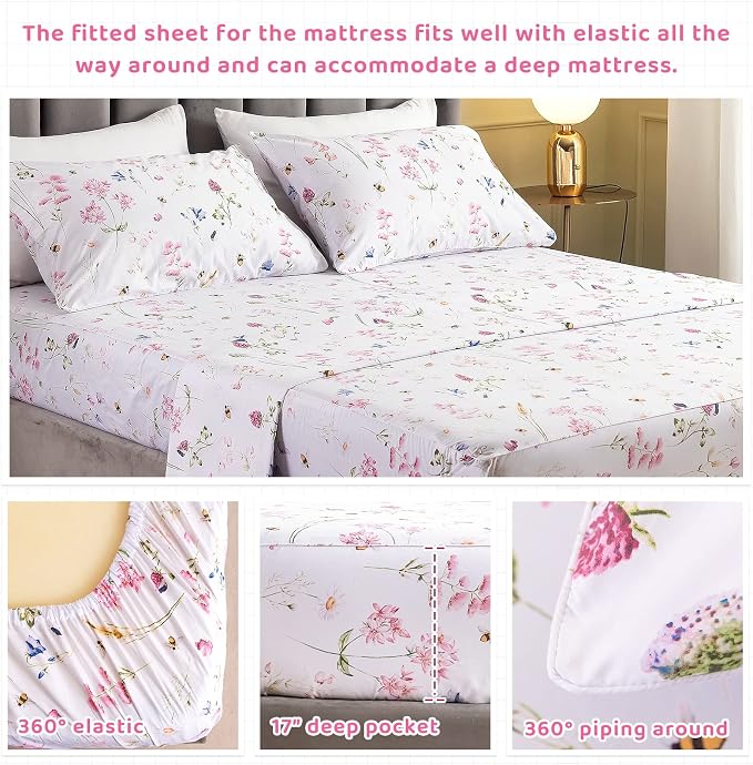 QSH Floral Bed Sheets Set King Size - Shabby Flower Bee Print Bed Sheet Set - Extra Soft and Breathable 100% Egyptian Cotton - 4 pcs King Size Sheets with Deep Pockets Flower Bed Sheets