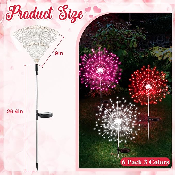 Tujoe 6 Pcs 4th of July Solar Firework Lights Patriotic Solar Light Outdoor Garden 120 LED 8 Modes Waterproof LED Sparkler Light for 250th Anniversary Patio Yard Pathway Walkway (Red,White,Pink)
