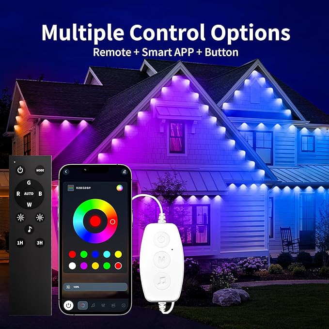 KSIPZE 100ft Permanent Outdoor Lights Waterproof IP67, Smart RGB+IC Eaves LED Lights with App & Button Control, 200+ Dynamic Scene Modes for House Roof, Garden, Christmas, Party Decor