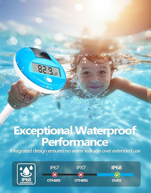 LuxBlue Floating Pool Thermometer Solar Powered | Large LCD Display- Easy to Read | IP68 Waterproof Digital Pool Thermometer with String | Ultra-Precise Pools Water Temperature Gauge for Hot Tub, Spa