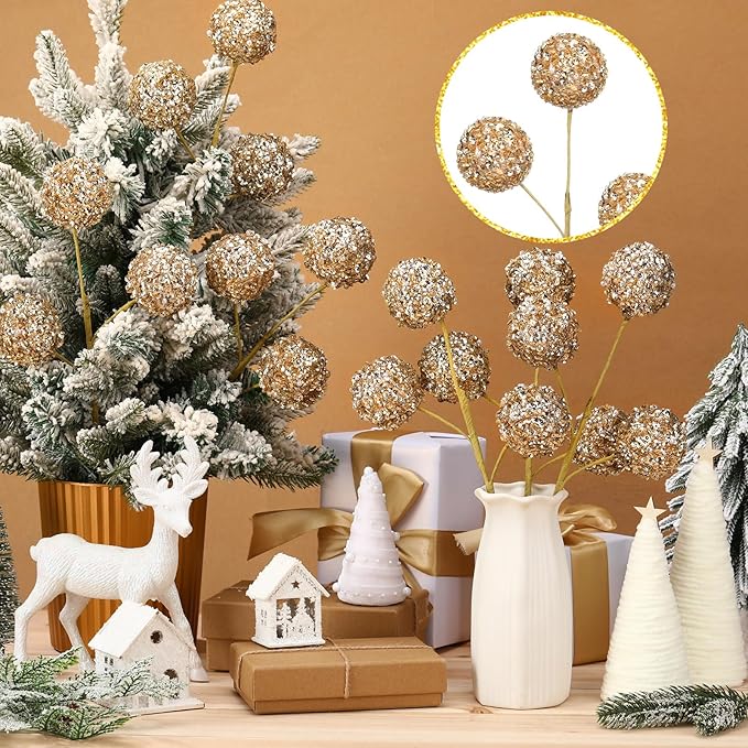 Norme 6 Pcs 15.8" Christmas Glitter Ball Tree Picks Christmas Ball Decorations Artificial Berry Stems Branches for Filler Vase Home Xmas Tree Party Holiday Decor(Champagne)
