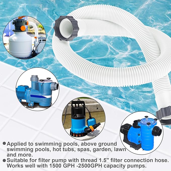 2 Pack Pool Hoses for Above Ground Pools 1.5" x 59" Pool Pump Hose Filter Pumps Replacement Hose Accessories Fits for Intex Filters Pump Above Ground Pools Sand Filter, White