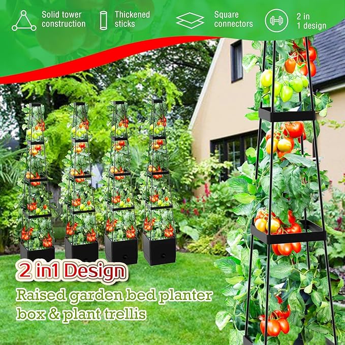 Raised Garden Bed Planter Boxes & Trellis, vanpein Tomato Cage & Planter Pot Outdoor 59" Plant Support with Self Watering for Climbing Vegetable Flowers Vines Plants, Gray