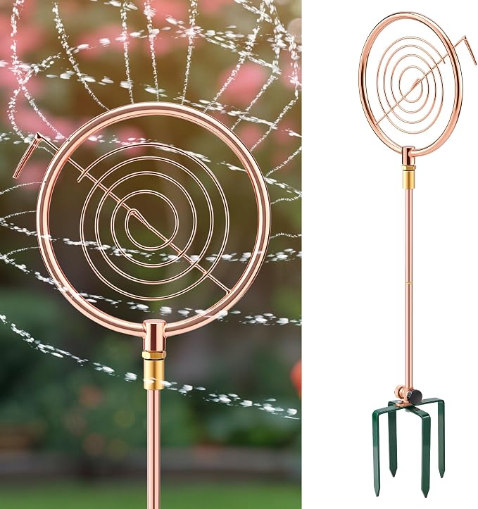 34" H Copper Coated Stainless Steel Ornamental Sprinkler, Corrosion Resistant Garden Rotating Sprinkler 360 Degree Shape Decorative for Lawn Garden Landscape(Circle Ring)