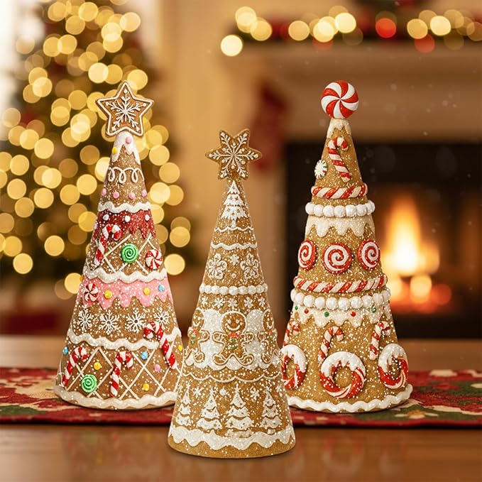 Simgoing 3 Pack Gingerbread Christmas Tree Figurines Christmas Tabletop Decorations Resin Gingerbread Cone Tree Decor Figurines for Xmas Home Centerpieces Tiered Tray Ornament Gifts