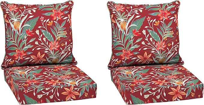 Arden earthFIBER Outdoor Deep Seat Cushion Set (2-Pack), 24 in x 24 in, Weather-Proof, Rain-Proof, Fade Resistant Patio Cushion for Chair, Sofa, and Couch Luau Red Tropical Floral