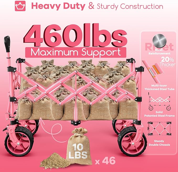 Originsure 220L Collapsible Wagon Cart Foldable, 460lbs Load Capacity Heavy Duty Folding Beach Wagons with Big All-Terrain Wheels, Utility Carts for Groceries, Camping, Sports - Pink