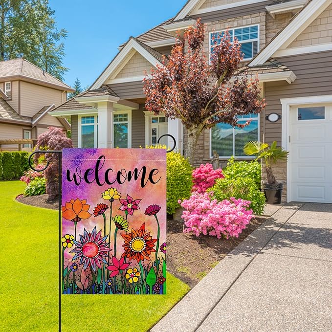 Hzppyz Welcome Spring Summer Watercolor Garden Flag Double Sided, Flowers Decorative House Yard Lawn Outdoor Small Burlap Flag Vintage Sunflower Decor Farmhouse Seasonal Outside Decorations 12 x 18