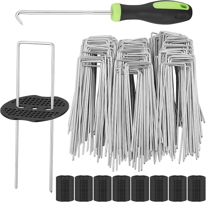 Greaner U-Shaped Landscape Staples, 6 Inch 120PCS Heavy Duty Landscape Fabric Staples with Gasket Kit and Pick Hook for Weed Barrier Fabric, Yard, Tents, Fences