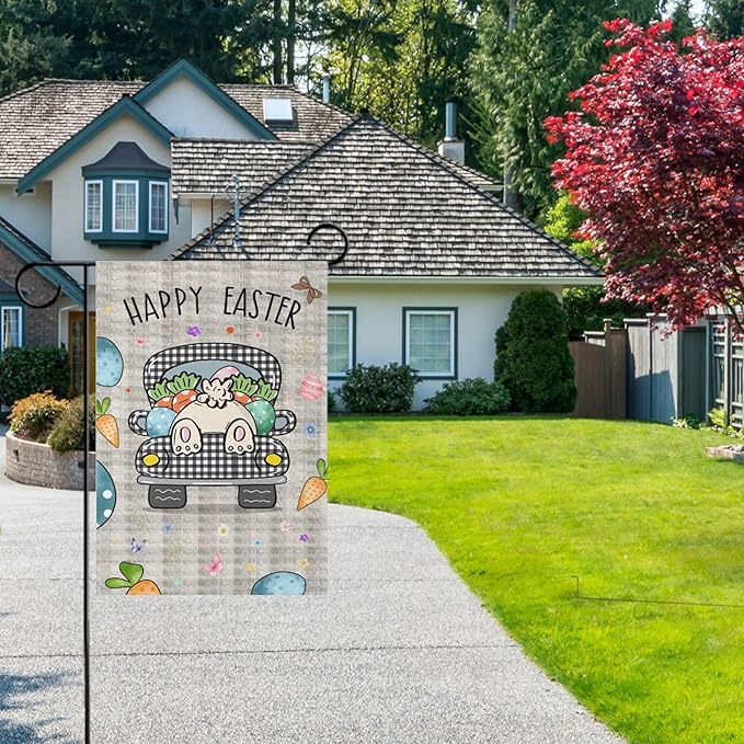 Happy Easter Day Bunny Tail House Flag 28x40 Inch Double Sided Outside Easter Eggs Truck Rabbit Buffalo Plaid Yard Outdoor Flag Banner for Garden Lawn Patio Holiday Decorations