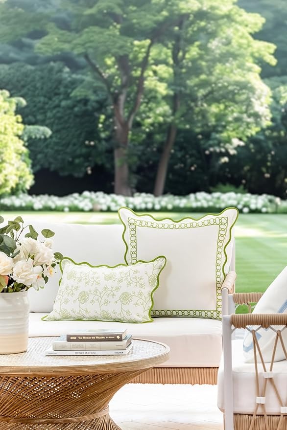 Hofdeco Premium Coastal Patio Indoor Outdoor Scalloped Lumbar Pillow Cover Only, 12"x20" Water Repellent for Backyard, Couch, Green Print Dahlia Floral