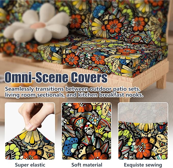 8Pcs Patio Stretch Cushion Covers, Outdoor Couch & Sofa Replacement Slipcovers for Patio Furniture Cushion Covers, Washable Reusable Furniture Protector, Square Large, Art Flower