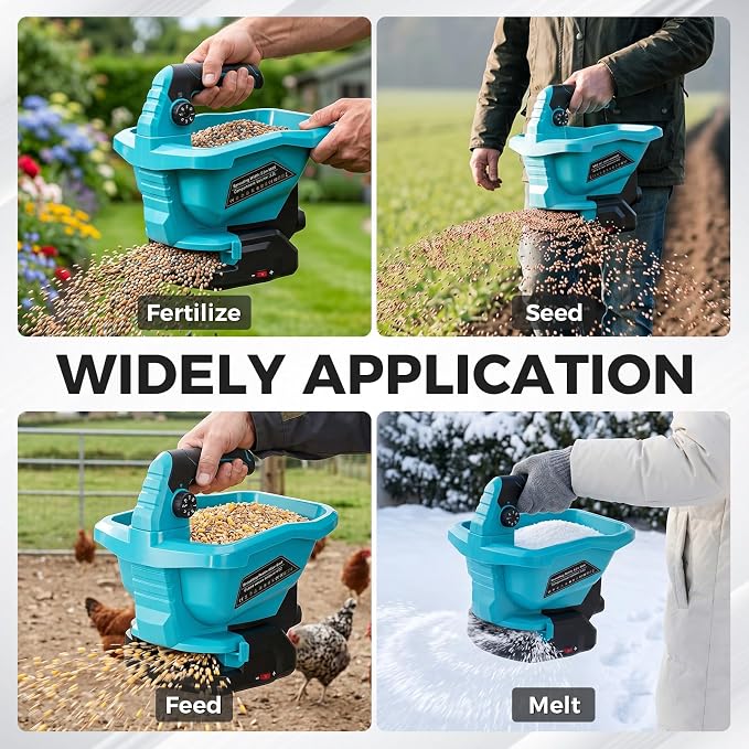 Power Seed Spreader Handheld with Battery 2X 2000mAh 20V, Cordless Grass Seed Spreader Available Year-Round, Electric Lawn Spreader for Fertilizer, Grass Seed, Salt, Ice Melt, Feed