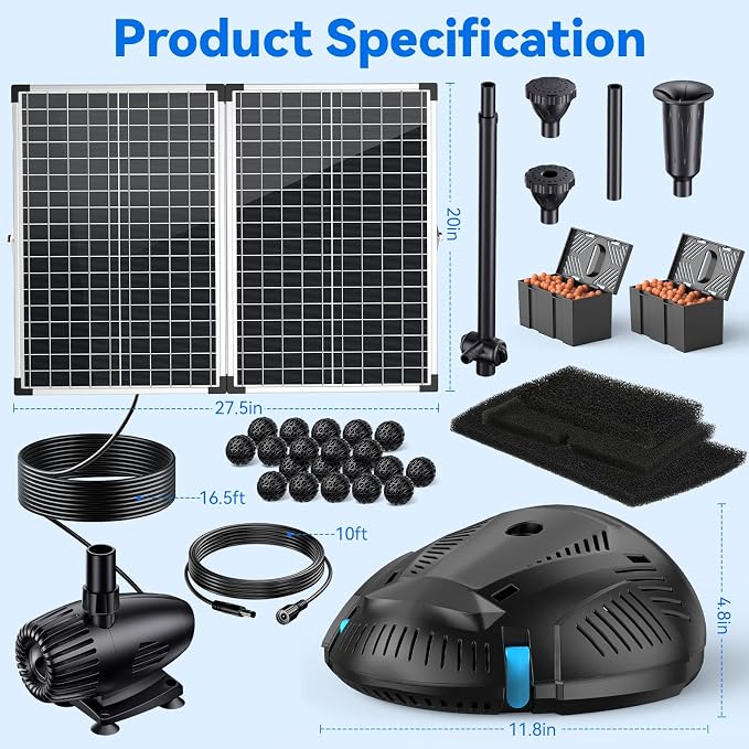 POPOSOAP Pond Filter with 55W Solar Fountain Pump, Solar Pond Filter with 580GPH Pump & Fountain Kit – Outdoor Filter Box with 6.6FT PVC Tubing, Perfect for Koi Ponds, Waterfalls, Water Features