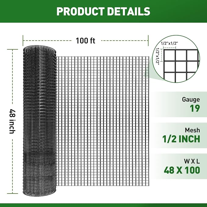 Rengue Black Hardware Cloth 1/2 Inch 48" x 100' 19 Gauge, PVC Coating Wire Fence Rolls Vinyl Coated Welded Chicken Wire Mesh for Poultry Netting Cage Fence, Tree Guard Rolls, Chicken Coop