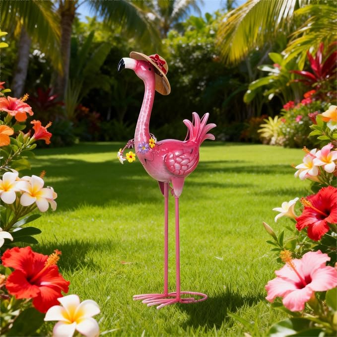 Natelf Flamingo Metal Garden Statue Outdoor Pink Hawaii Flamingo Yard Art Sculpture Decor with Flower Lei & Straw Hat, Waterproof Rust-Proof Lawn Decor for Pool, Beach, Patio, Poolside, Tropical Party