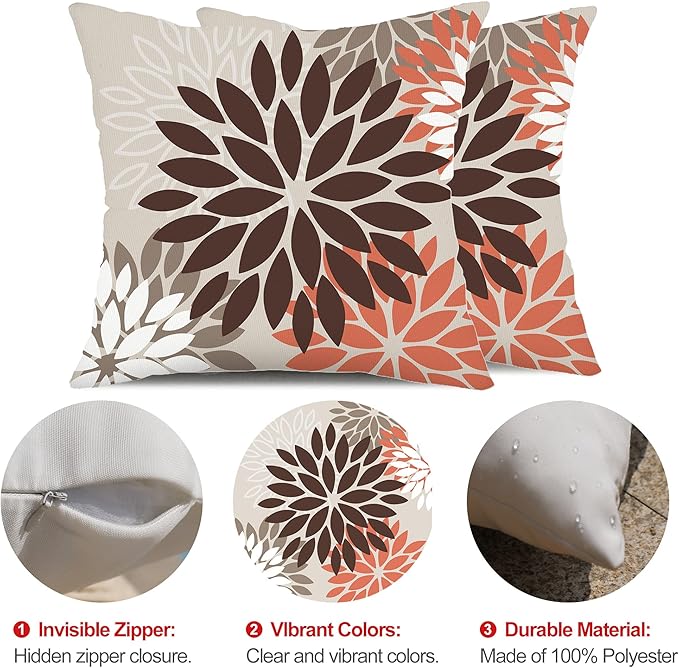 DFXSZ Brown Red Orange Pillow Covers 16x16 Inch Set of 2 Flower Throw Pillows Outdoor Waterproof Decor for Living Room Couch Patio Funiture Garden Modern Floral Polyester Pillow Covers 002A16