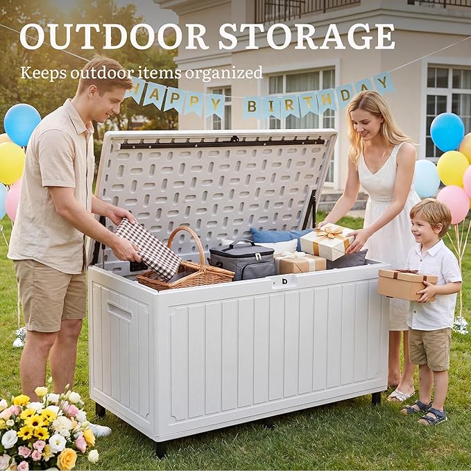 YITAHOME 90 Gallon Outdoor Storage Box with 6 Heavy-Duty Metal Legs & Ergonomic Dual Handles, Large Double-Wall Resin Deck Box, Lockable Waterproof Patio Organizer for Furniture, Cushions, White