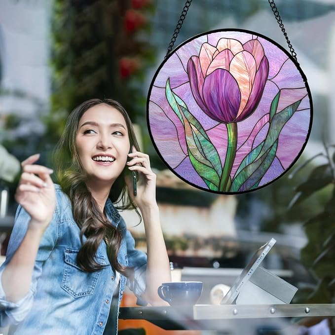 DASTOLL Stained Glass Window Hanging Purple Tulips Flower 7.8" - Suncatcher Door Garden Sun Catcher Home Decor Birthday Mother's Day for Mom Men Woman Parents Her Nana Friend