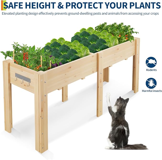 72x 23x30IN Raised Garden Bed Outdoors with High Legs & Hooks, Non-Woven Liner, Elevated Wooden Large Planter Box for Backyard, Patio, Balcony w/Divider Panel, 6 Legs, 300lb Capacity