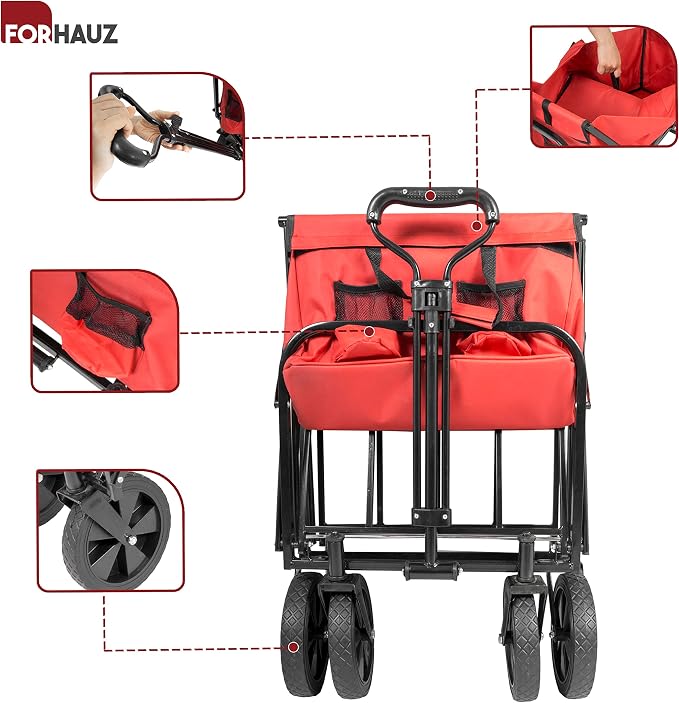 ForHauz Folding Collapsible Heavy Duty Wagon Cart with All-Terrain Wheels for Outdoor Utility, Beach and Garden, Red
